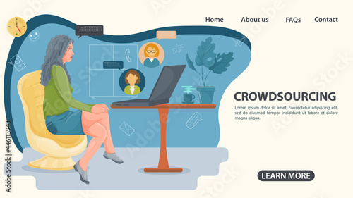 A girl sits in a chair and gives instructions on the Internet the concept of crowdsourcing an illustration in a flat style for the design of web pages and websites