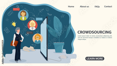 a man with a briefcase gives instructions on the Internet the concept of crowdsourcing an illustration in a flat style for the design of web pages and websites