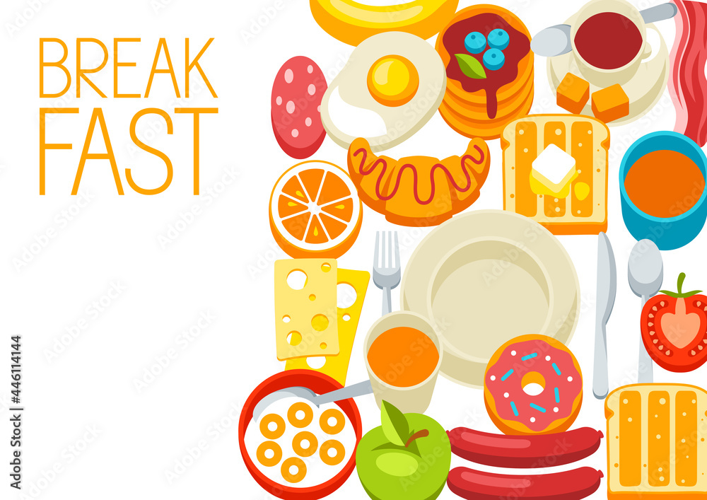 Healthy breakfast background. Various food and drinks. Illustration for cafes, restaurants and hotels.
