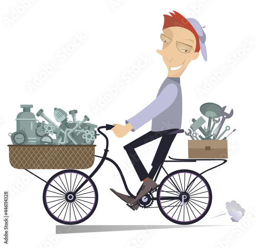Fototapeta Naklejka Na Ścianę i Meble -  Cartoon cheerful mechanic with replacement components and tools is going to work on the bike isolated on white illustration 
