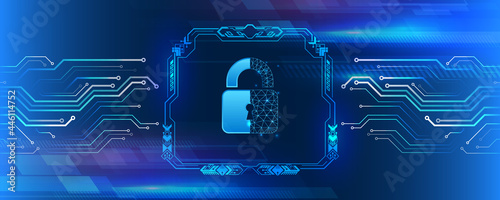 Abstract blue background with various technology elements. Futuristic padlock vector illustration. Cyber attack protection. Protection from virus attack. Global antivirus secure system.