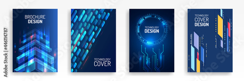 Blue layout futuristic brochures, flyers, placards. Contemporary science and digital technology concept. Vector template for brochure or cover with hi-tech elements background.