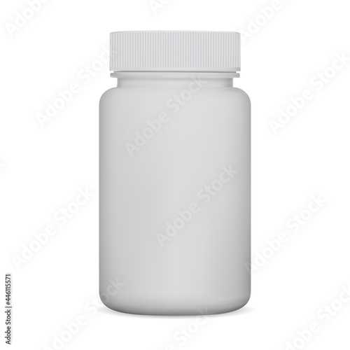 White pill bottle. Supplement jar, plastic package mockup. Medicine can isolated on white background, health cure, pharmacy remedy container. Prescription medicament packaging