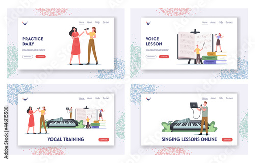 Vocal Training Landing Page Template Set. Characters Take Musical Lessons Voice and Singing Songs. People Develop Talent