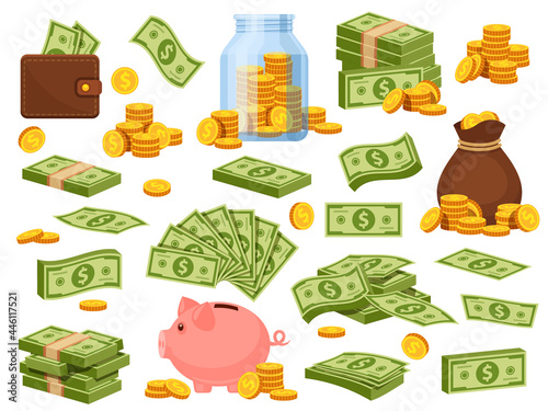 Cartoon money bag and piles. Piggy bank, banknote packs, wallet with dollar bills, gold stacks and sack with coins. Cash savings vector set