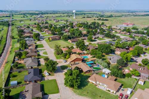 Fototapeta Naklejka Na Ścianę i Meble -  Overlooking view of a small town a Clinton in the highways, US Rte 66 interchanges of Oklahoma USA
