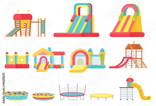 Cartoon trampolines. Children play room elements, inflatable castles and slides, game house and soft ball pool. Indoor playground vector set