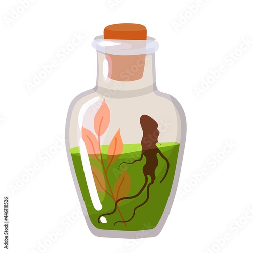 A bottle with a witch's potion. Catering. An element for celebrating Halloween. Vector illustration isolated on white background.