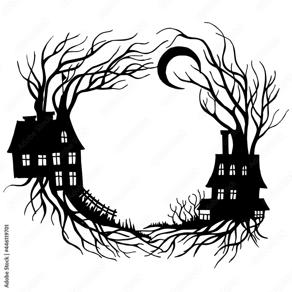 vector drawing, round frame halloween card. dark silhouettes of trees, houses, the moon on a white background. mystical, magical forest. black and white drawing, background for postcards, books