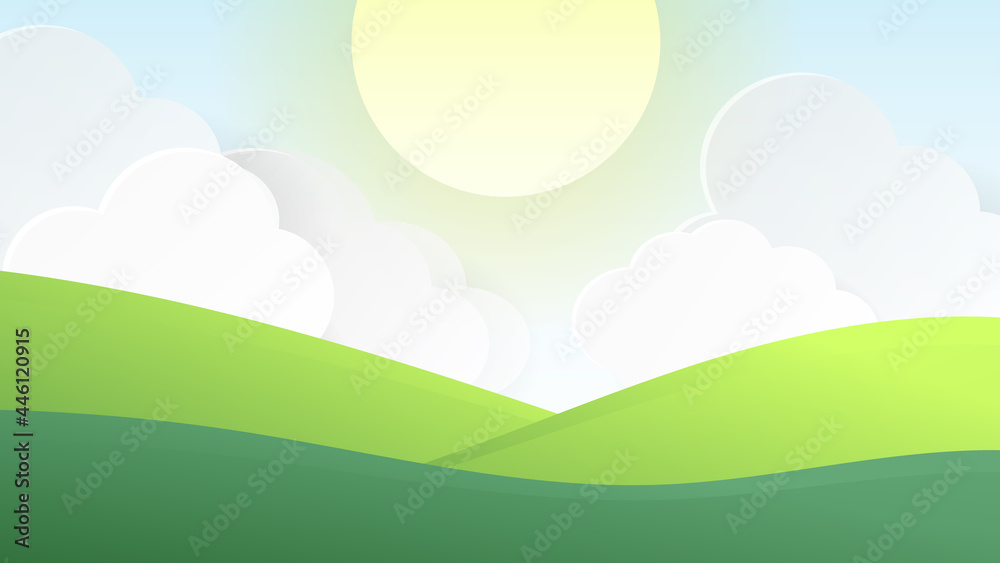Grasslands, green hills and white clouds, big sun in summer ,Illustration Vector EPS 10 Grasslands, green hills and white clouds, big sun in summer ,Illustration Vector EPS 10