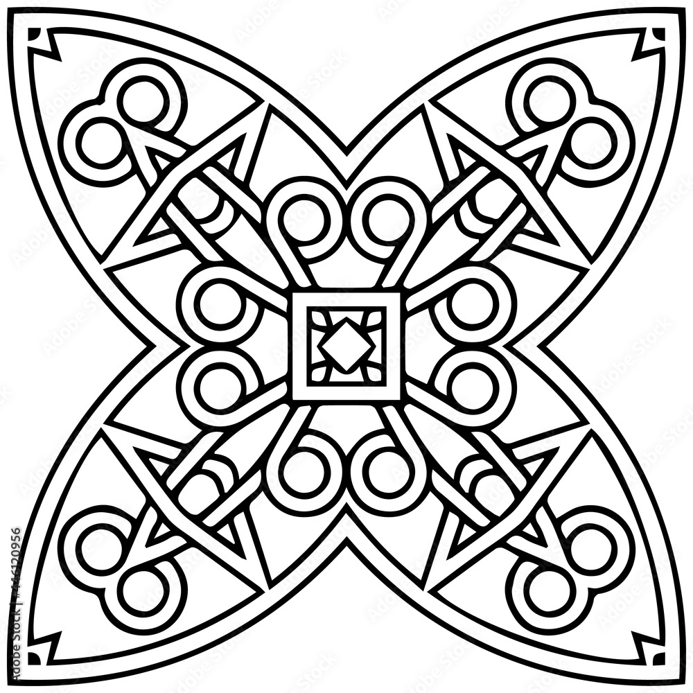 Ethnic exotic pattern, mandala in the style of oriental, Indian handmade. Geometric isolated black white unique element for ornament. Template for creativity, coloring, tattoo.