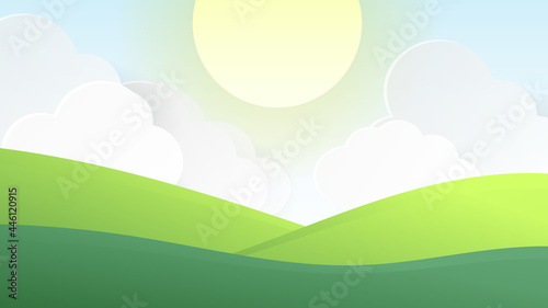 Grasslands, green hills and white clouds, big sun in summer ,Illustration Vector EPS 10