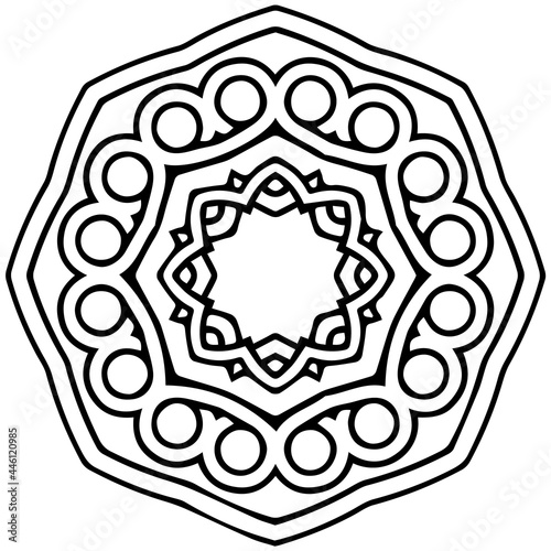 Ethnic creative pattern, mandala in the style of oriental, Indian handmade. Geometric isolated black white unique element for ornament. Template for creativity, coloring, tattoo.