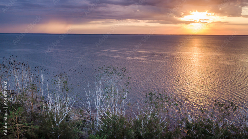 amazing landscape. lake coast at sunset. aerial view amazing landscape. lake coast at sunset. aerial view