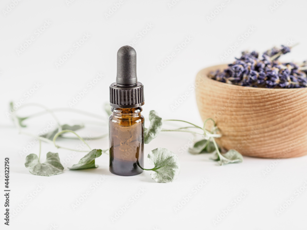 Brown glass dropper bottle with pipette and black rubber tip. Wooden bowl of fresh lavender and green foliage on background. Organic spa concept. Brown glass dropper bottle with pipette and black rubber tip. Wooden bowl of fresh lavender and green foliage on background. Organic spa concept.