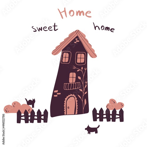 Vector illustration of house with fence, bushes, cat and dog in cartoon flat childish style. Hand drawn lettering home sweet home