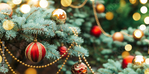 Christmas and New Year blurred banner 2022. Festively decorated mountain blue spruce outdoors.  Red balls, luminous garland, gold beads on green with bokeh.