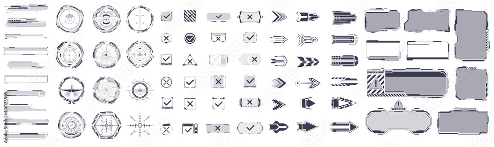 A large set of futuristic elements buttons, shelves, frames, pointers for movies or games. High tech hud (fui) interface elements vector set. Modern windows with buttons. Vector isolated illustration