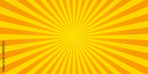 Sunburst retro sun rays yellow background. Abstract summer yellow comic illustration. Vintage pop art radial yellow texture. Stock vector