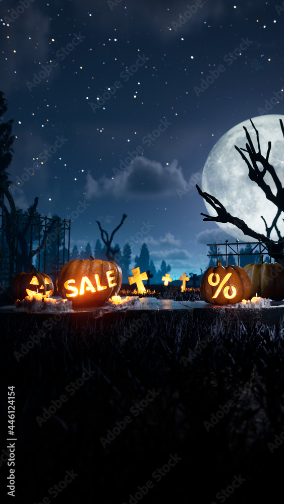 best Halloween scary and Spooky pumpkin in fire. around mystic night and cemetery . High quality 3d render