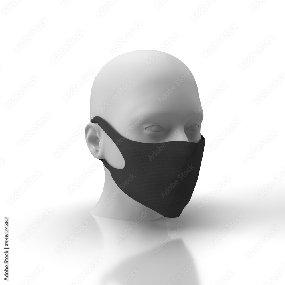 Sanitation and protection stretch fabric facemask 3D model render perspective view, ppe respiratory face masks, Black with White Background,