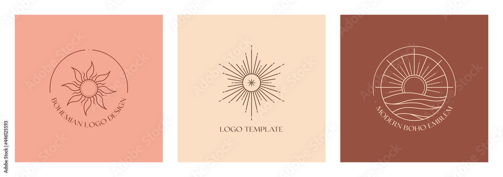 Set of vector linear boho emblems.Bohemian logo designs with sea,sun and sunburst.Modern celestial icons or symbols in trendy minimalist style.Branding design templates.
