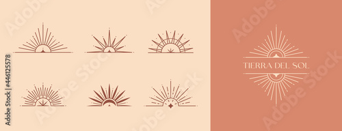 Bundle of vector bohemian logo templates with sun,moon and sunburst.Boho linear icons or symbols in trendy minimalist style.Modern celestial emblems.Letters with Tierra del Sol means The Land of Sun photo