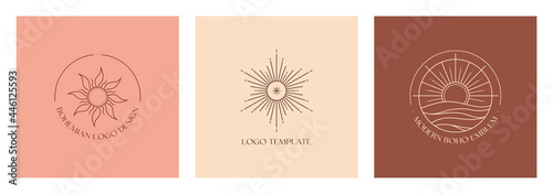 Set of vector linear boho emblems.Bohemian logo designs with sea,sun and sunburst.Modern celestial icons or symbols in trendy minimalist style.Branding design templates. photo