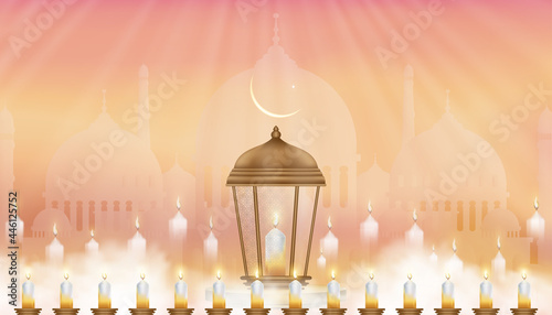 Eid al Adha card Traditional Islamic lantern,Crescent moon and Star on pink background,Vector background for Islamic religions,Ramadan Kareem,Eid Mubarak,Eid al fitr,Happy Muharram,Islamic new year