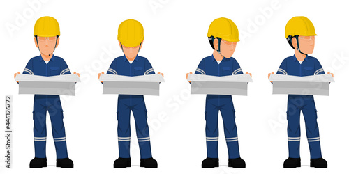 Set of industrial worker hold the engineering drawing on white background