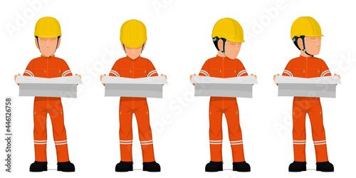 Set of industrial worker hold the engineering drawing on white background