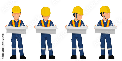 Set of industrial worker hold the engineering drawing on white background
