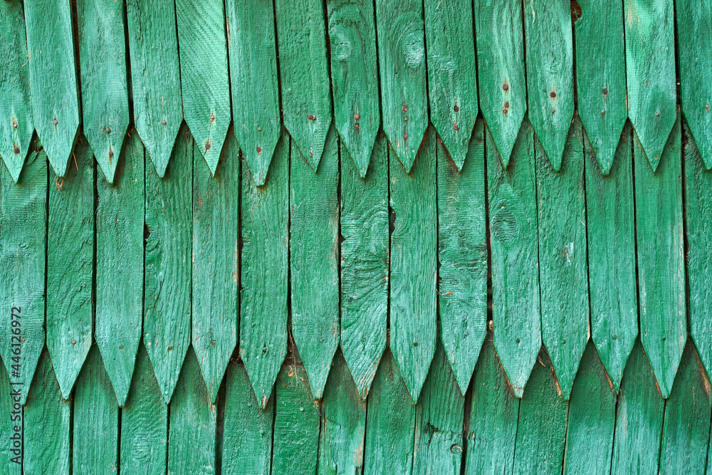 Old vintage green wood shingle wall background