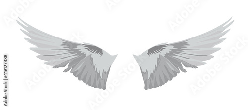 Angel wings vector stock illustration. Silver feathers. The bird flight template. Isolated on a white background.