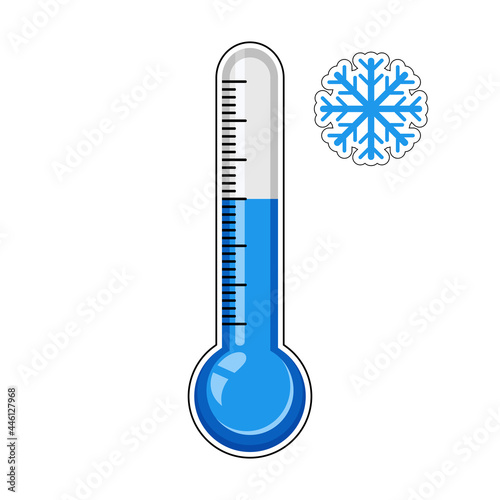 Thermometer in blue color for cold weather with snowflake symbol
