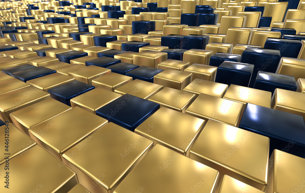 Fototapeta premium Abstract composition of cubes of different heights in black and yellow colors. 3d rendering.