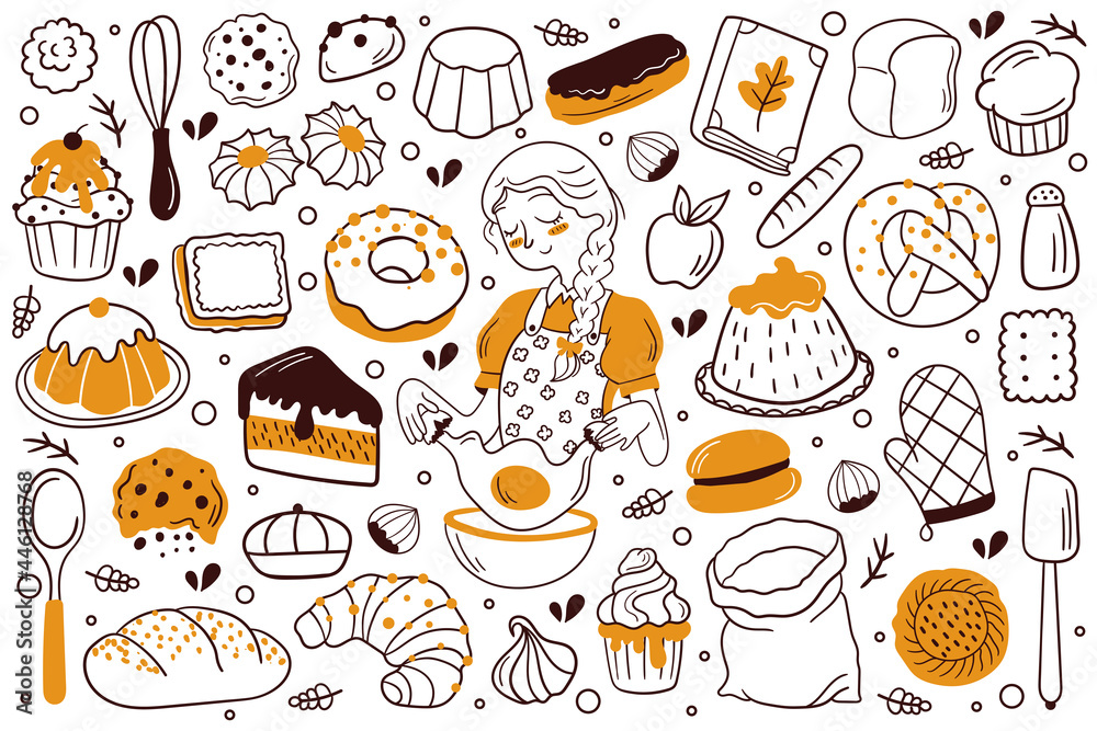 Set of doodle hand-drawn bread and bakery. Vector illustration. Croissant, baguette, bun, cake, cookie, biscuit, strudel, cupcake, muffin, donut.