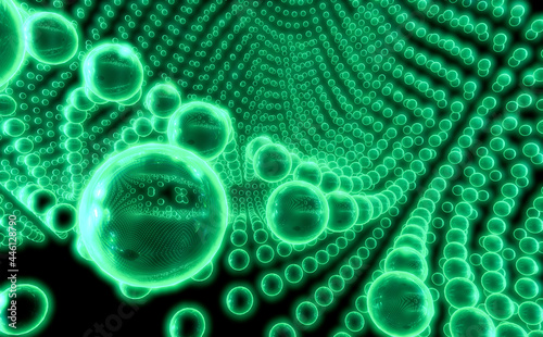 Abstract composition of green transparent spheres of different sizes. 3d rendering.