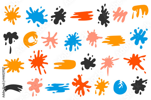 A set of colored paint spots. Colorful ink stains, paints splashes. Vector set. Colorful stain, splash, inkblot splashing.  © Anastasia