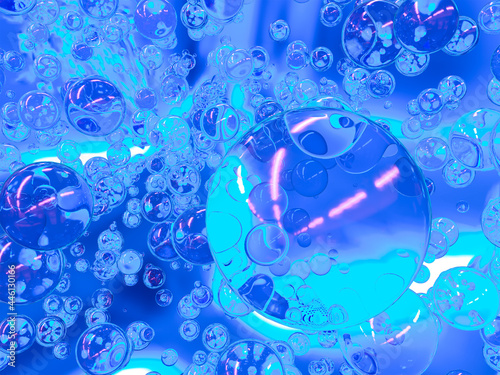 Abstract composition of blue transparent spheres of different sizes. 3d rendering.