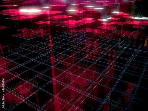 Abstract composition of cubes of different heights in dark red colors. 3d rendering.