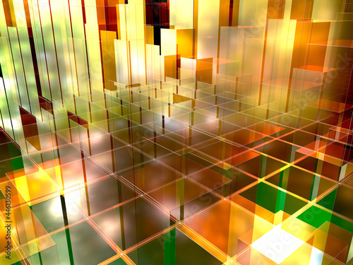 Abstract composition of cubes of different heights in yellow and gold colors. 3d rendering.