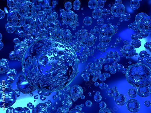 Abstract composition of dark blue transparent spheres of different sizes. 3d rendering.