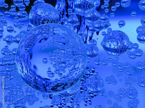 Abstract composition of dark blue transparent spheres of different sizes. 3d rendering.