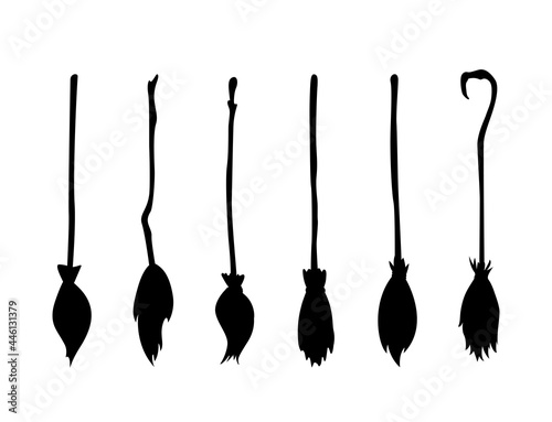 Witches broomsticks. Set of different brooms.