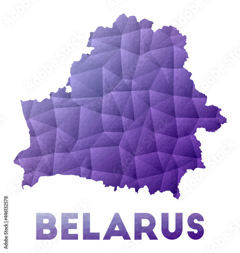 Map of Belarus. Low poly illustration of the country. Purple geometric design. Polygonal vector illustration.
