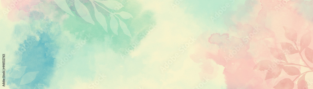 Pastel watercolor background with floral leaves and plant outlines in creative nature illustration, minimal design, soft watercolor blotches of pink blue and green on beige banner