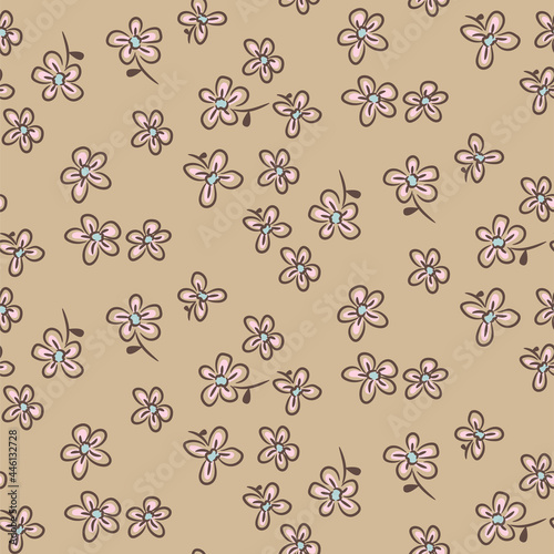 Seamless floral pattern with tiny leaves hand drawn style beige colors.