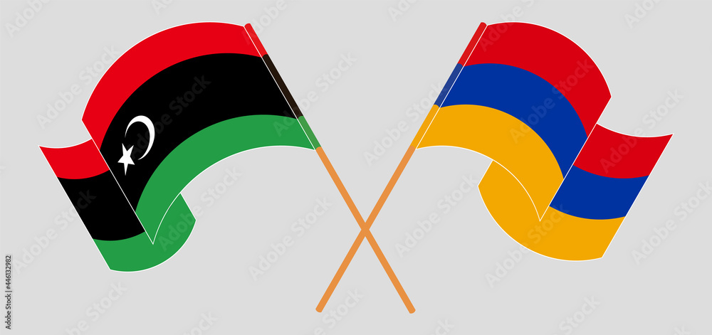 Crossed and waving flags of Libya and Armenia Crossed and waving flags of Libya and Armenia