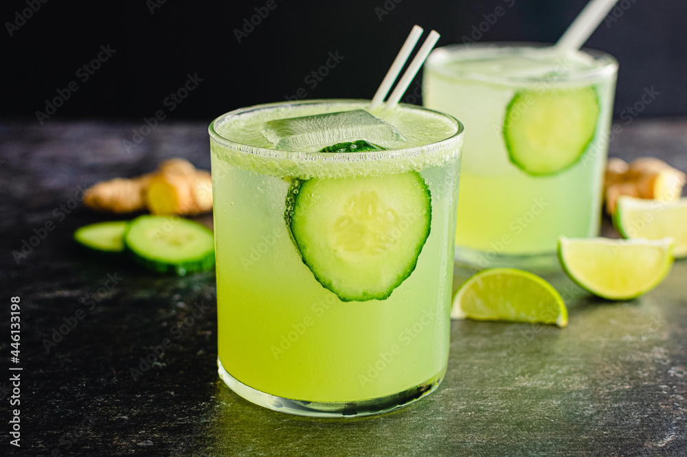 Tart and Crisp Cucumber Ginger Gin Fizz Cocktails: Gin fizz cocktails made with cucumber, ginger, and lime juice Tart and Crisp Cucumber Ginger Gin Fizz Cocktails: Gin fizz cocktails made with cucumber, ginger, and lime juice